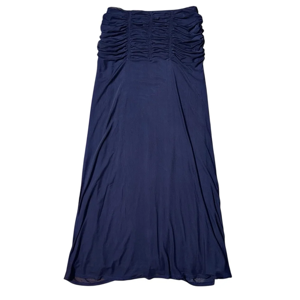 Anthropologie Maeve Ruched Yoke Column Maxi Skirt Navy Blue Small NWT Lined